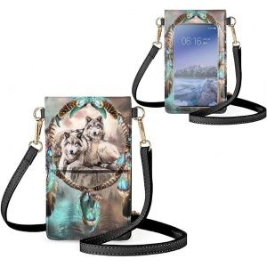 KAL-Petit Sac &Agrave; Bandouli&egrave;re Pour T&eacute;l&eacute;phone Portable, Porte-Cartes, Portefeuille, Sac &Agrave; Main Pour &Eacute;cran Tactile, Attrape-R&ecirc;ves Loup, Taille Unique - Neuf