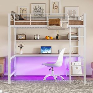 Lit mezzanine 140x200 cm garde-corps escabeau avec usb et prise &eacute;clairage d'ambiance t&eacute;l&eacute;command&eacute; bureau &eacute;tag&egrave;re &agrave; plusieurs niveaux m&eacute;tal blanc - Neuf
