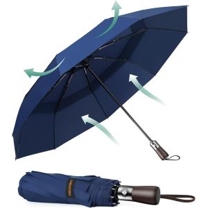 Parapluie Pliant Automatique Compact, Parapluie Solide Homme De Voyage, Rev&ecirc;tement En T&eacute;flon 210t, Anti-Temp&ecirc;te, Double Toit Coupe-Vent Ventil&eacute;, Poign&eacute;e En Bois V&eacute;ritable - Neuf