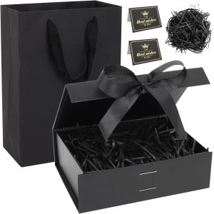 MEVRONISSHOP-Boite a Cadeau avec Couvercle,23 x 17 x 7cm Bo&icirc;te Cadeau Vide Pliable,Boite Cadeau avec Noeud,Cartes de V?ux et Raphia pour Mariages,Anniversaires,Saint-Valentin et No&euml;l&iquest;Noir&iquest; - Neuf