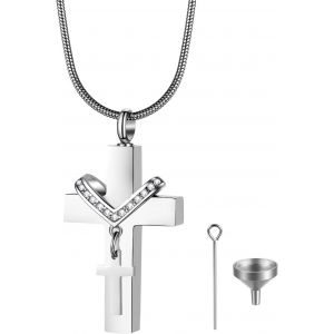 Kal-Collier Pendentif Urne Funéraire: Collier Homme Femme En Acier Inoxydable Pendentif Croix Chrétien Avec Zircone Cubique Et Chaîne Serpent De 55 Cm - Un Cadeau Réconfortant Et Commémoratif - Neuf