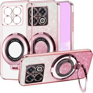 Sjzg-Couqe Magn&eacute;tique Pour Oneplus 10 Pro 5g [Compatible Avec Magsafe] Avec Anneau Support, Housse Etui De Protection Antichoc En Silicone, Transparente Paillettes 2 En 1 S&eacute;parable Case (Rose) - Neuf