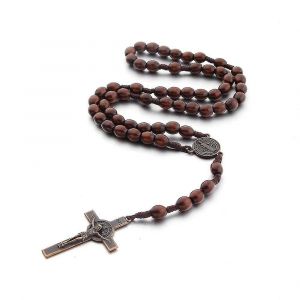 Collier De Chapelet De Croix Catholique, Perles De Pri&egrave;re En Bois Naturel Avec Croix De M&eacute;daille (Brun Fonc&eacute;) - Neuf