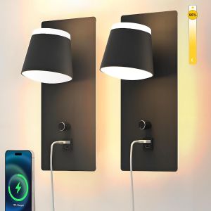 Subzonal-2 Pi&egrave;ces Appliques Murales Avec Interrupteur Et Port Usb Type C, 3000k Dimmable Noire Design Int&eacute;rieure Lumi&egrave;re Applique Chambre, Lampe Mural Et Liseuse Pour Salon Grenier Appartement H&ocirc;tel - Neuf