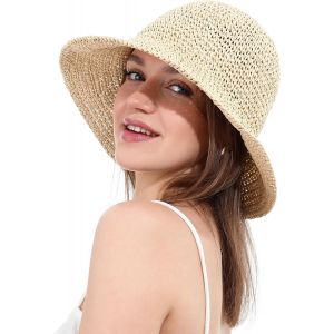 Chapeau De Soleil Femme En Paille Tressée Large Bord Reversible Plage Bob Pliable Été Voyage Protection Uv Upf50+.[Z1426] - Neuf