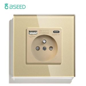 Bseed&iquest;Prise Murale D'Interface Fran&ccedil;aise Type-C,Port De Charge Usb 16A,Prise De Courant,Panneau En Cristal De Verre,Prise &Eacute;lectrique.Single Socket Gold.Fr - Neuf