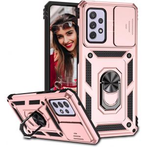 TRAHOO-Coque pour Samsung Galaxy A52 4G / 5G / A52s 5G &Eacute;tui, Protecteur de Cam&eacute;ra, Armure Rigide Housse 360&deg; Metal Anneau Magnetic Support &Eacute;tui, PC Dur et TPU Silicone Antichoc Case Or Rose - Neuf