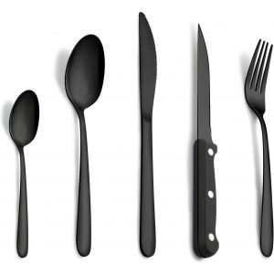 Checarzhn--No1-Couverts Noirs Avec Couteau A Steak, 30 Pièces Couverts De Table Pour 6 Personnes, Set Couverts De Table Inox, Couvert En Noirs Comprenant Cuillère, Couteau, Fourchette, Lave-Vaisselle - Neuf