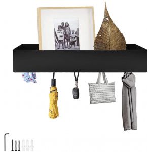 CAUC-Porte Manteaux Mural avec Accessoires, Porte Manteau Mural Salle de Bain Couloir avec 5 Crochets, Portes Manteau Murales Noir avec &Eacute;tag&egrave;re pour Chambre, Couloir et Salon - Neuf