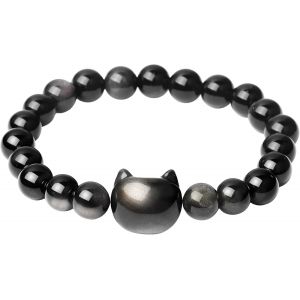 Bracelet En Cristal Avec Chat Noir - Bracelet En Obsidienne Noire - Bracelets En Perles De Pierre Naturelle - Protection Mignonne - Bijoux Extensibles Pour Femmes Et Hommes - Neuf