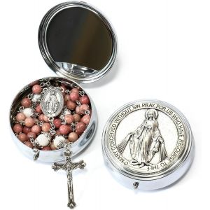 Kal-Store Collier Chapelet En Pierre Catholique De 6 Mm Avec Perles Myst&egrave;res De 8 Mm M&eacute;daille Miraculeuse Et Bo&icirc;te Cadeau En M&eacute;tal Notre Dame Des Gr&acirc;ces - Neuf