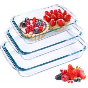 Jexnovashop-Lot De 3 Plat &Agrave; Four Rectangulaire En Verre,1+1.5+2l,Plat &Agrave; Lasagne Rectangulaire,Plat De Flan En Verre,Plat &Agrave; Four Rectangulaire Avec Poign&eacute;es - Neuf