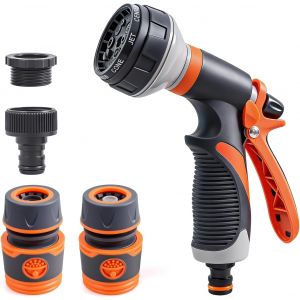 JGD-Pistolet d'arrosage de Jardin 8 Modes d'Arrosage Pistolet Arrosoir avec Raccord pour Pelouse, Voiture, Animaux, Terrasse (Orange) - Neuf