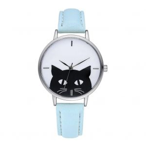 Gaiety Pu Strap Femmes Montre Mignon Chat Motif Rond Bo&icirc;tier Analogique Quartz Montre-Bracelet Bleu Ciel - Neuf
