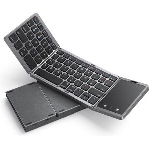 Azerty Foldable Bluetooth Keyboard with Touchpad, Mini Foldable Wireless Keyboard Rechargeable Dual Bluetooth for Laptop/Tablet/iPad Compatible Windows, iOS, Mac OS, Android ¿ Grey - Neuf