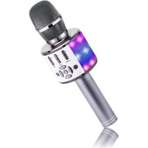 GUYH-Microphone Bluetooth Sans Fil,Micro Enfants Avec Lumières Led,Mini Machine Karaoké Pour Fête/Maison/Anniversaire,Compatible Avec Bluetooth Ios Android (Gris Sidéral) - Neuf