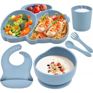 Kal-Assiette Bébé Set Coffret Repas Bebe Avec Ventouse Assiette Bol Bavoir Cuillere Fourchette Tasse 6 Pièces Silicone Sans Bpa Enfant Vaisselle Kit Compatible Lave Vaisselle Micro Ondable, Bleu - Neuf