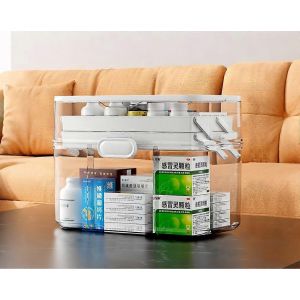 Boîte de rangement pour medicaments a 3 niveaux, organisateur medical avec petite boîte amovible, anti-poussiere - Neuf