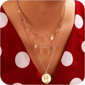 Kal-Collier Ras Du Cou Boho Étoile De Lune Collier Pendentif Pièce De Monnaie Vintage Étoile Minuscule Cristal Étoile Croissant Multi-Couches Collier Charme Pièce Monnaie Bijoux Pour Femmes - Neuf