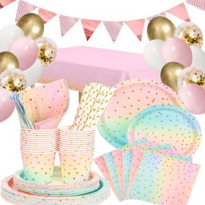 104pcs Party Vaisselle,Ballon Kit Vaisselles Anniversaire Ensemble Assiettes Tasses,Pailles Serviette pour Douche de Bébé Anniversaire Fête Party Fête Mariages(16 Invités) - Neuf