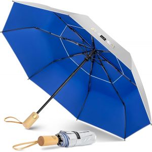Tzf-Parapluie Pliant Anti Uv,Parapluies Compact Automatique Anti Tempête,Petit Ombrelle Soleil Solide Avec Poignée En Bois Pour Homme Femme - Neuf