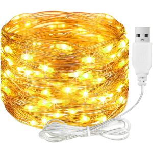 TRAHOO-Guirlande lumineuse LED avec USB, 2 m, 20 LED, fil de cuivre, &eacute;tanche, blanc chaud, pour int&eacute;rieur et ext&eacute;rieur, d&eacute;coration de mariage, No&euml;l, balcon, chambre &agrave; coucher - Neuf