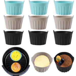 9pcs Moule Silicone Air Fryer,Plat Pour Friteuse Sans Huile,Mafin Coupe Moule,Moule Pour Gâteau Au Four,Moule À Tarte Aux Oeufs¿Air Friteuse Accessoires,Silicone Bakeware¿Noir + Gris + Bleu - Neuf