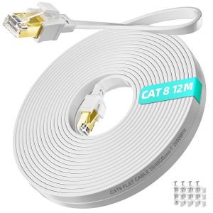 Câble Ethernet 12M, Cat 8 Cable Réseau Rj45 12 Mètres Plat Haut Debit Fibre 40Gbps 2000Mhz, Fil Internet Blindé Gigabit Câble Lan Blanc -Pour Commutateur Routeur Modem - Neuf