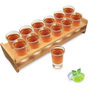 Lot De 12 Verres À Liqueur,Support À Cocktail En Bois Et Verre À Shot,Planche De Service À 12 Trous Avec Verre En Cristal Transparent De 30 Ml Pour Liqueur,Whisky,Brandy,Rhum À La Maison,Fête - Neuf