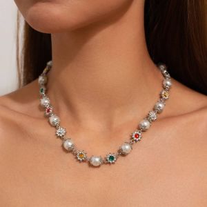 Ingemark Élégant Imitation Perle Perles Chaîne Collier Pour Femmes Collier De Mariée Goth Strass Tour De Cou Fête Bijoux Cadeaux Nouveau--Silver Color 1 - Neuf