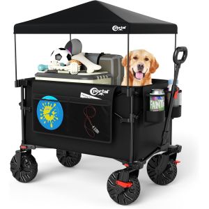 Ulteronixshop-PORTAL Chariot de Plage Pliable avec Toit Chariot de Transport &agrave; roulettes Tout Terrain Poign&eacute;e R&eacute;glable Charrette pour Ext&eacute;rieur Camping Pique-Nique - Neuf