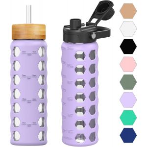 Eryi-Gourde En Verre 700ml Bouteille D'eau En Verre Avec 2 Couvercles - Couvercle Rabattable Et Couvercle En Bambou Avec Pailles Avec Mesure Gourde Graduée Anti-Fuite, Violet - Neuf