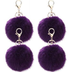 KAL-Lot De 4 Porte-Cl&eacute;s Pompon En Fausse Fourrure Pendantif Pour Sac &Agrave; Main Voiture Bagage Porte-Cl&eacute; Saint-Valentin Anniversaire - Neuf