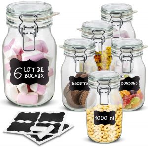 Letnerny-Lot De 6 Bocaux En Verre 1l | Bocal En Verre Avec Couvercle Hermétique | Boite Conservation Alimentaire | Boite Rangement Cuisine | Pot A Epices | Inclus Des Étiquettes Et Une Craie - Neuf