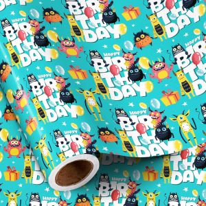 TRAHOO-Rouleau De Papier Cadeau Monstre Pour Enfants, Motif Monstre Mignon Avec Ballons, &Eacute;toiles Et Inscription &laquo; Joyeux Anniversaire &raquo;, Papier Cadeau Pour Anniversaire Et F&ecirc;te, 43,2 Cm X 5 M - Neuf