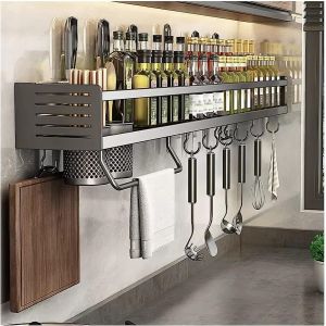 Sjzg-Porte-&Eacute;pices,Support Rangement Ustensiles De Cuisine Mural Avec 6 Crochets Amovibles,&Eacute;tag&egrave;re De Cuisine Porte-Casserole Murale Sans Per&ccedil;age,Aluminium, Antirouille,50x13x10cm - Neuf