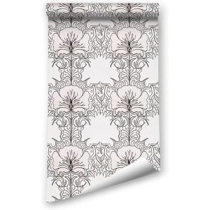 KALANKA-Papier Peint Rose Fleur,44 x 500cm Papier Peint Adhesif Floral Noir et Blanc Papier Peint Feuille Papier Peint Botanique Papier Peint Adhesif pour Meuble Chambre,Cuisine,Salon - Neuf