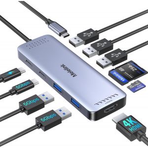 Hub USB C, 10-en-1 Adaptateur Multiport USB-C vers HDMI 4K @60Hz, 100W PD, 6 Ports USB 3.0&2.0, Lecture de Carte SD/TF, Dock USB C pour MacBook Pro Air iMac HP Tablette USB Hub Type C - Neuf