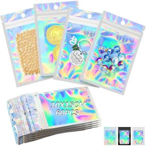 Pochon Weed 60 Pièces Zip Sachet Pochon Refermables Mylar Sachet 10 * 15cm Pochon Plastique Avec Fenêtres Transparente Aluminium Holographique Pour Biscuits Café Jwely (Brillant) - Neuf