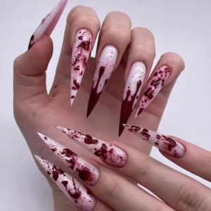 Oayew-24pcs Halloween Faux Ongles Amande Rose Fran&ccedil;ais Press On Nails Naturel Ongles &Agrave; Coller Gouttes De Sang Effrayantes Design Stiletto R&eacute;utilisables Couverture Compl&egrave;te Acrylique Ongle Pour Femmes - Neuf