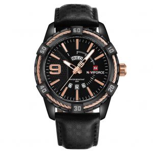 Montre A Quartz Etanche Naviforce Pour Homme Avec Bracelet En Cuir Veritable (Boitier Noir Et Cafe) - Neuf