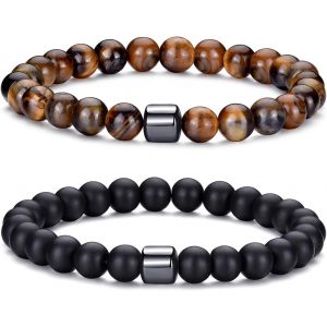 Kalanka-Bracelet Oeil De Tigre Homme 8mm Bracelet Pierre Naturelle Homme Ensemble De Bracelets Réglables Et Extensibles En Pierre De Lave Pour Hommes Bracelets De Perles Cadeaux Pour Père Petit Ami - Neuf
