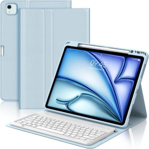 Coque Clavier Pour Ipad Air 13 Pouces(M3 2025, M2 2024), Azerty Fran&ccedil;ais Housse Clavier Bluetooth Magn&eacute;tique D&eacute;tachable Avec Porte Crayon Pour Ipad Pro 12.9 Pouces(6e/5e/4e/3e G&eacute;n&eacute;ration), Bleu Ciel - Neuf