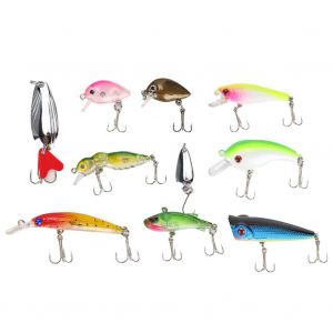 Lot De 10 Mini Leurres De Peche Artificiels En Plastique, Type Vairon, Popper, Vib, Paillettes, Manivelle - Neuf