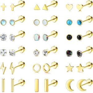 Kal-18-24 Paires De Boucles D'oreilles À Tige De Cartilage Minuscules Pour Femmes En Acier Inoxydable 316l 20g Boucles D'oreilles Helix Moon Star Cz Opal Flat Back Boucles D'oreilles - Neuf