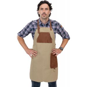 Ulteronixshop-Hayden Tablier de cuisine, en toile de qualit&eacute; sup&eacute;rieure et cuir v&eacute;ritable, r&eacute;glable, avec sangle en cuir, pour cuisine, barbecue et barista, Toile beige, taille unique - Neuf