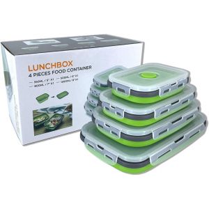 Récipient Pliable En Silicone Avec Couvercle,Boîte À Lunch Portable Pour Pique-Nique En Plein Air,Peu Encombrant,Résistant Au Micro-Ondes,Au Lave-Vaisselle Et Au Congélateur,Lot De 4 (Vert) - Neuf