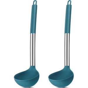 Kal-Lot De 2 Louches À Soupe En Silicone, Résistantes À La Chaleur, Avec Poignée En Acier Inoxydable, Grande Cuillère À Sauce De 30 Cm, Pour Cuisiner/Remuer/Servir, Saine Et Anti-Adhésive U2013 Bleu - Neuf