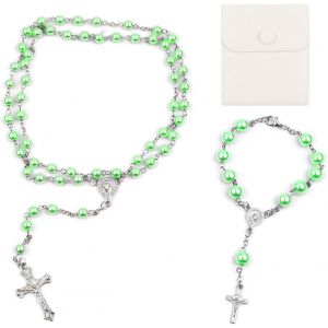 Kal-Chapelet Catholique Chaîne Bracelet, Vintage Crucifix Perles Chapelet Collier, Prière Chrétienne Perle Blaury Avec Sac En Velours, Baptême Communion Chapelet De Mariage Fête - Neuf