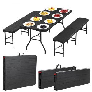 Set Brasserie Pliant 3 Pi&egrave;ces Table 180 Cm Avec 2 Bancs Hdpe Acier, Capacit&eacute; 6-10 Personnes, Portable Avec Poign&eacute;e, Pour Jardin, F&ecirc;te, Camping - Neuf